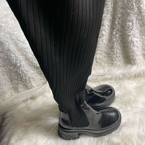 EGO Synthetic Black patent and knitted thigh high chunky platform boots SZ10.5 - Picture 2 of 10